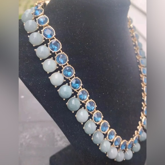 WHBM Gold Blue Double Row Statement Necklace | Genuine Jade & Glass Beads - Picture 4 of 6